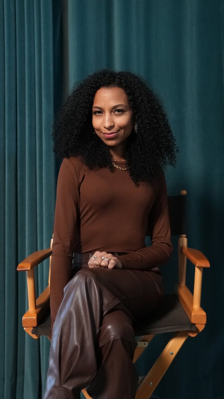 Chelsea seated in a director's chair in the studio, poised and smiling